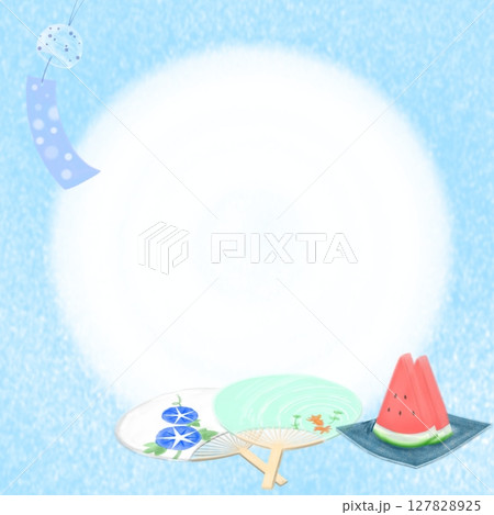 涼しげな風鈴・うちわ・スイカの夏イメージ背景イラスト 127828925