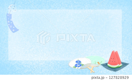 涼しげな風鈴・うちわ・スイカの夏イメージ背景イラスト 127828929