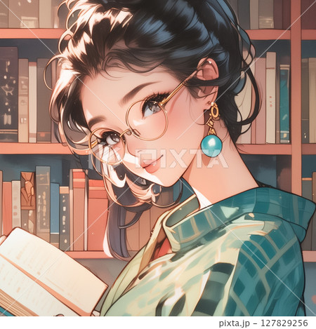 少女と本棚、読書の秋を思わせる温かみあるタッチと構図、ストーリーを感じさせる図書館の風景 127829256