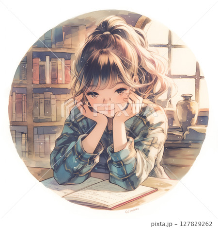 本に囲まれた静かな午後、少女が読書に没頭する落ち着いた空間を描いた、手描き風イラスト素材 127829262