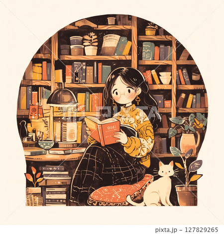 本に囲まれた静かな午後、少女が読書に没頭する落ち着いた空間を描いた、手描き風イラスト素材 127829265