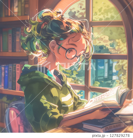 レトロカラーとペン画タッチで描かれた読書少女の静かな午後、本と共に過ごす癒しの時間を切り取った一枚 127829278