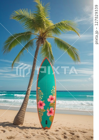 リゾートの青い海とヤシの木とサーフボード リゾートの青い海とヤシの木とサーフボード 127829339