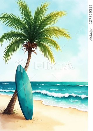 サーフボードとヤシの木と青い海 サーフボードとヤシの木と青い海 127829513