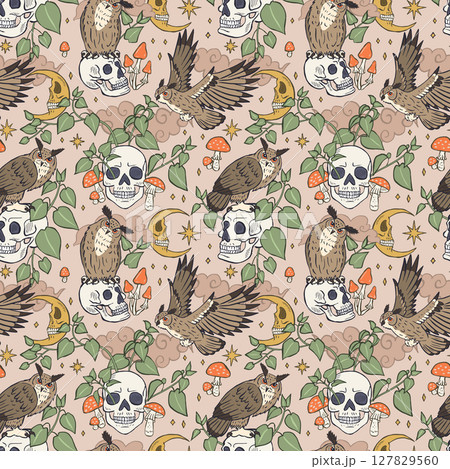 Seamless pattern with hand drawn inky eagle owls sitting on human skulls Seamless pattern with hand drawn inky eagle owls sitting on human skulls 127829560