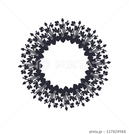 Hand drawn black silhouette of canary islands flowers blue violet wreath. Card template with cute floral frame Hand drawn black silhouette of canary islands flowers blue violet wreath. Card template with cute floral frame 127829568