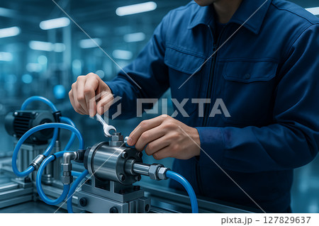 自動装置に取り付けた空圧系機構の点検作業中の技術者 自動装置に取り付けた空圧系機構の点検作業中の技術者 127829637