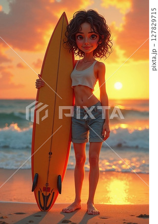 サンセットの浜辺サーフィン女の子 サンセットの浜辺サーフィン女の子 127829715