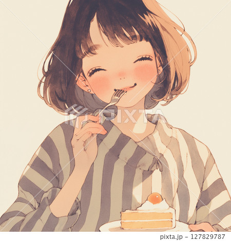 女の子の髪に散りばめられたスイーツとポップな色合いが融合する、夢かわファンタジー世界のイラスト素材 127829787