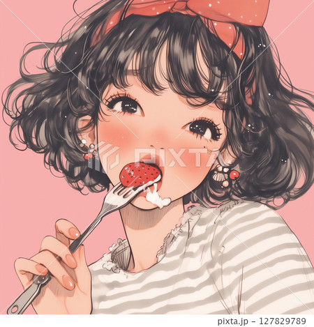 ケーキを食べる少女のうっとりとした表情と繊細な色使いが魅力のファンシー系スイーツイラスト 127829789