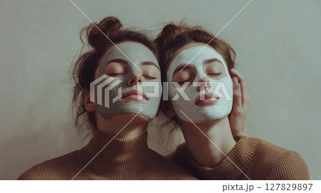 Two young women with their hair tied up are wearing turtleneck sweaters and leaning their heads against each other while applying cosmetic clay face masks, enjoying a moment of relaxation 127829897