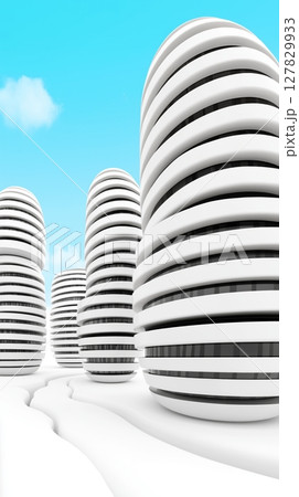 Futuristic white circular buildings against blue sky 127829933
