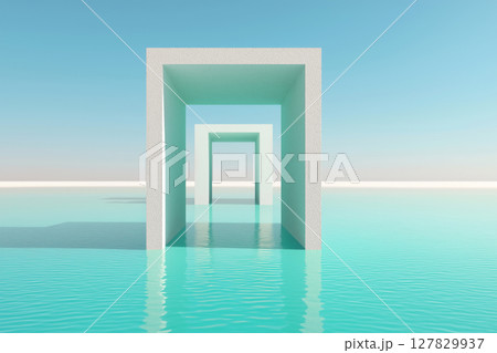 Minimalist white archways reflecting on serene turquoise water in tranquil landscape 127829937
