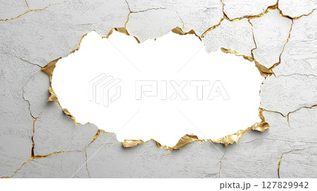 Cracked wall with torn golden edges creating irregular opening Cracked wall with torn golden edges creating irregular opening 127829942