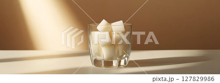 Glass of sugar cubes on white surface, contrasting indulgence with healthy living 127829986