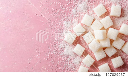 Granulated and cube sugar on pink background forming a diagonal line dividing the image, ideal for representing sugar, diet, health, and sugar free concepts 127829987