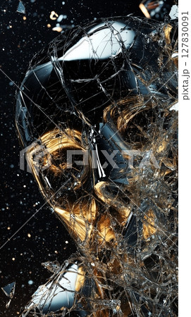 Shattered glass fractures over metallic robot face in the dark 127830091