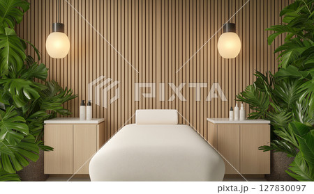 Serene spa room with wooden paneling and ambient lighting Serene spa room with wooden paneling and ambient lighting 127830097