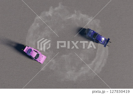 ピンク色と青色の2台の改造車でドーナツターンとドリフトするイメージ 127830419