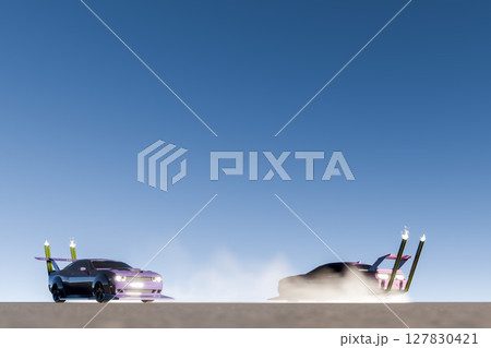 ピンク色と青色の2台の改造車でドーナツターンとドリフトするイメージ ピンク色と青色の2台の改造車でドーナツターンとドリフトするイメージ 127830421