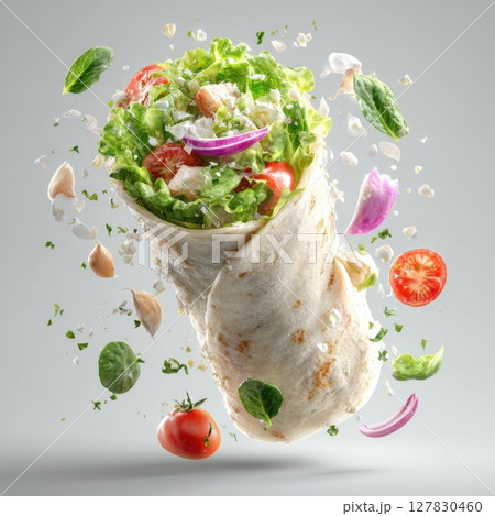Exploding Freshness Vibrant Salad Wrap Bursting with Crisp Greens, Zesty Vegetables, and Savory Fillings A Dynamic and Healthy Culinary Delight 127830460
