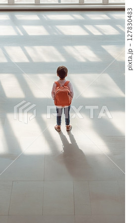 Elementary school student standing in a bright, well lit hallway, wearing a backpack and gazing out of large windows, filled with curiosity and anticipation for the future ahead 127830483