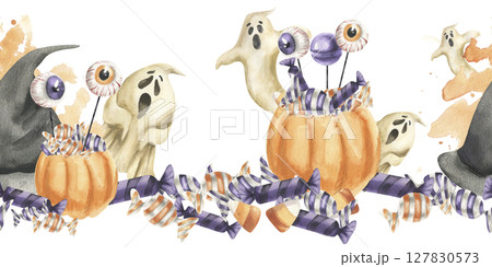 Halloween purple and orange sweets, scary ghosts, witch black hat, jelly eyes watercolor seamless border. Hand drawn banner for kid's trick or treat party,October festive packing,textile design Halloween purple and orange sweets, scary ghosts, witch black hat, jelly eyes watercolor seamless border. Hand drawn banner for kid's trick or treat party,October festive packing,textile design 127830573
