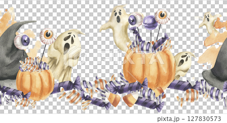 Halloween purple and orange sweets, scary ghosts, witch black hat, jelly eyes watercolor seamless border. Hand drawn banner for kid's trick or treat party,October festive packing,textile design 127830573