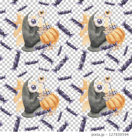 Halloween purple candies,witch black hat,jelly eye in pumpkin bucket watercolor seamless pattern.Hand drawn October kid's party fabric,wallpaper design. 127830594