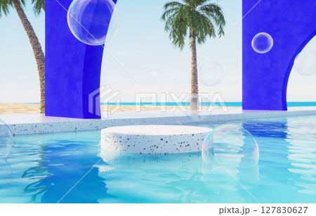 Summer swimming pool scene with cylinder for product display. 3d rendering background Summer swimming pool scene with cylinder for product display. 3d rendering background 127830627