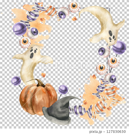 Halloween sweets banner template with watercolor lollipops,orange and purple caramel,flying gosts,black hat and pumpkin illustration. Isolated frame with kid's candies for October festive night party Halloween sweets banner template with watercolor lollipops,orange and purple caramel,flying gosts,black hat and pumpkin illustration. Isolated frame with kid's candies for October festive night party 127830630