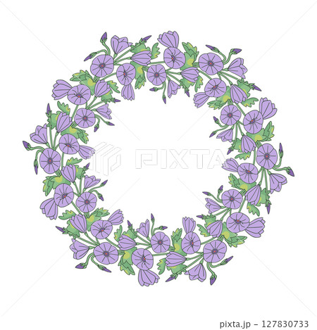 Hand drawn line art canary islands flowers mallow bindweed wreath. Card template with cute floral frame 127830733