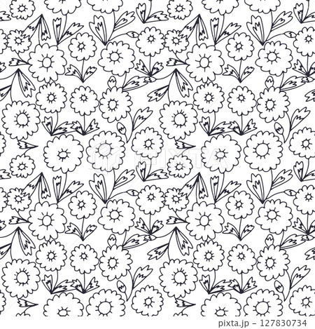 Black and white ditsy floral seamless pattern. Hand drawn vintage backdrop with tiny daisy flowers. Monochrome Cottagecore texture Black and white ditsy floral seamless pattern. Hand drawn vintage backdrop with tiny daisy flowers. Monochrome Cottagecore texture 127830734