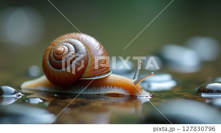 Tranquil Macro of Korean River Snail on Wet Pebble Streambed 127830796