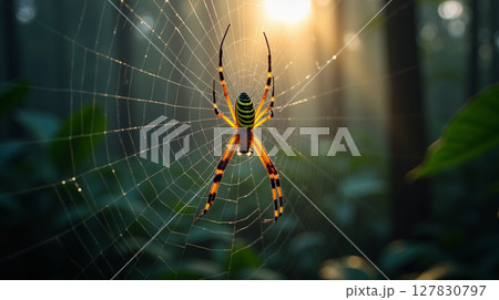 Golden Orb-Weaver Spider Framed by Dewy Web in Misty Tropical Forest Light Golden Orb-Weaver Spider Framed by Dewy Web in Misty Tropical Forest Light 127830797