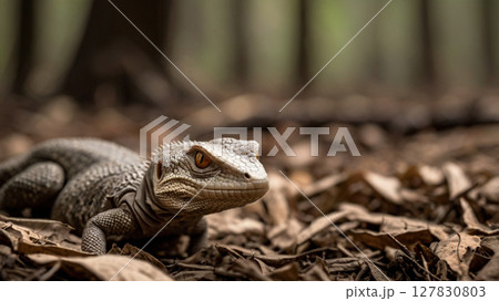 Intense Gaze of Bengal Monitor Lizard in Forest Litter 127830803
