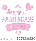 Happy Birthday Card with Pink Hand-Drawn Lettering and Romantic Elements 127830820
