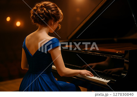 ステージでピアノを弾く青いドレスの女性 127830840