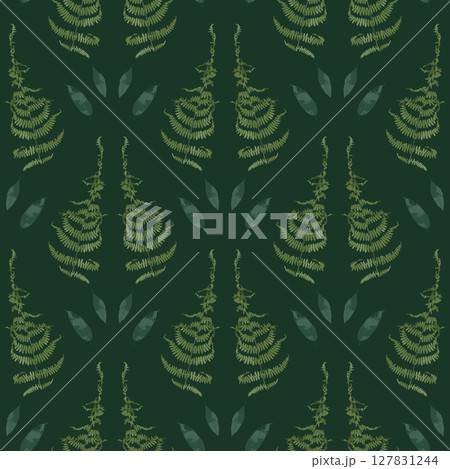 Seamless pattern with dried green fern leaves on dark background. Wild forest plant wallpaper. Boho botanical texture. 127831244