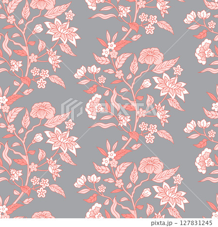 Seamless pattern with monochrome pastel pink chinoiserie hand drawn motifs on gray background 127831245
