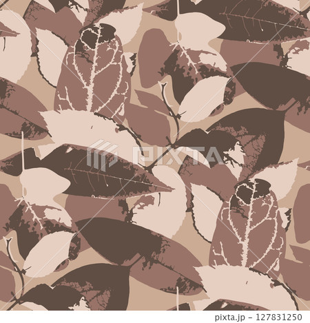 Seamless pattern with brown autumn leaves on black background. Cottagecore foliage wallpaper. Boho botanical texture. 127831250