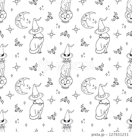 Seamless pattern with cute hand drawn monochrome Halloween witchy black cats 127831251