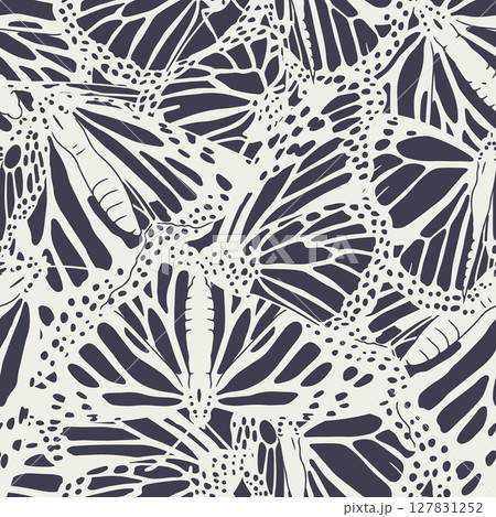 Vintage seamless pattern with hand drawn monochrome black and beige monarch butterflies 127831252