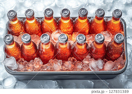 Summer day. Retro cooler filled with glass soda bottles and ice. Retro style. Close-up. 127831389