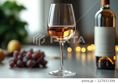 Crystal glass. Wine Glass with white wine and a bottle of wine with a blank label next to it. Mockup for wine industry branding. 127831394