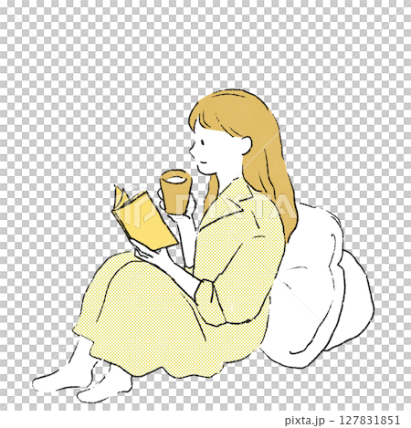 Illustration of a woman relaxing and drinking tea while reading a book 127831851