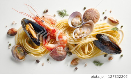 Irresistible Seafood Pasta Medley Fresh Prawns, Mussels, and Clams on Golden Linguine 127832205