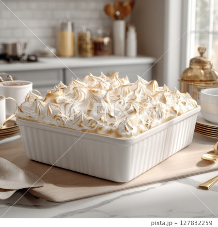 Golden Torched Meringue Dessert Elegant White Dish in a Modern Kitchen Setting Golden Torched Meringue Dessert Elegant White Dish in a Modern Kitchen Setting 127832259