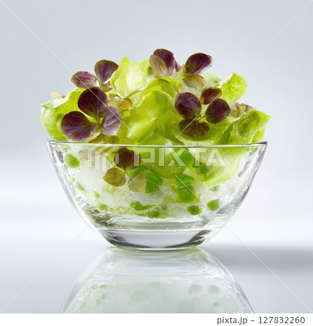 Vibrant Green Leaf Lettuce Salad with Edible Flowers in a Glass Bowl Vibrant Green Leaf Lettuce Salad with Edible Flowers in a Glass Bowl 127832260