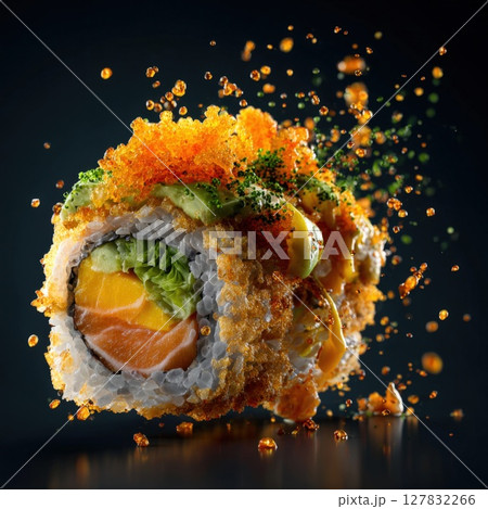 Dynamic Sushi Roll Explosion Vibrant Tobiko and Sauce in Motion on a Dark Background Dynamic Sushi Roll Explosion Vibrant Tobiko and Sauce in Motion on a Dark Background 127832266